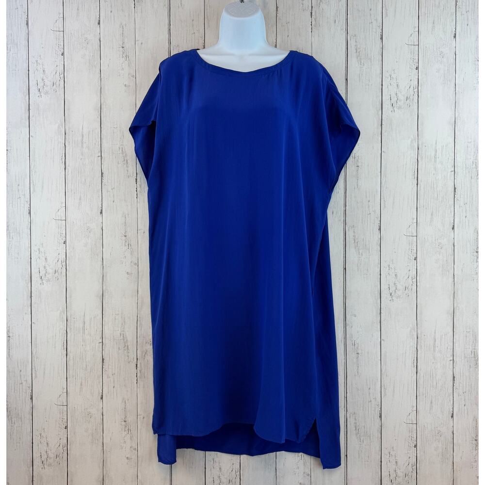 Eileen Fisher Blue Silk Georgette Washable Crepe Cap Sleeve Boxy Dress Size XS